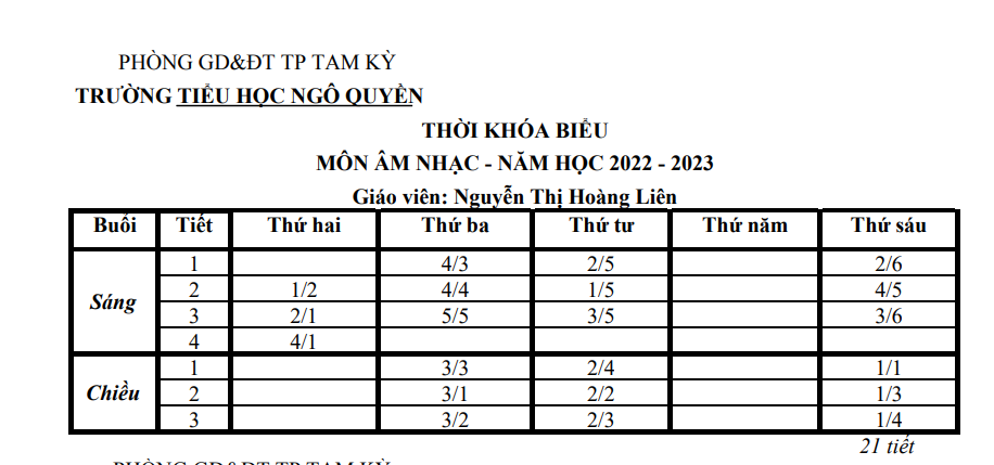 Thời khóa biểu Toàn Tường Năm học 2022-2023 Áp dụng từ ngày 5/9/2022