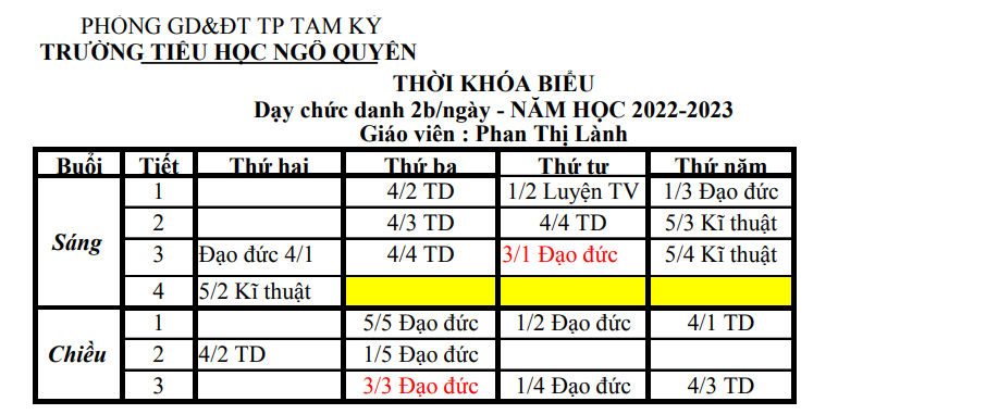 Thời khóa biểu Toàn Tường Năm học 2022-2023 Áp dụng từ ngày 12/09/2022